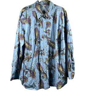 Talbots Women's Blouse Size 1X Blue Colorful Paisley Long Sleeve Button Up Top